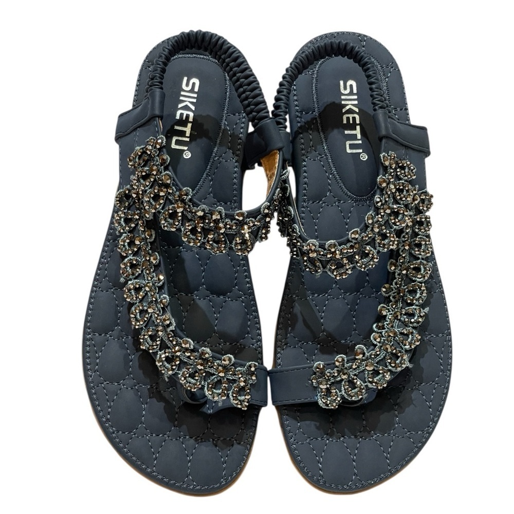 SIKETU NAVY JEWELED FLIP FLOP SANDALS SZ 7 EUC